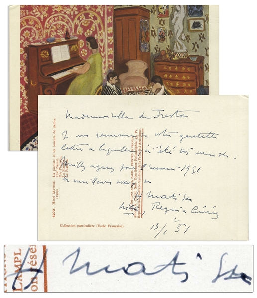 Henri Matisse Autograph Letter Signed on the Verso of a Postcard Featuring His Painting ''Pianist and Checker Players''